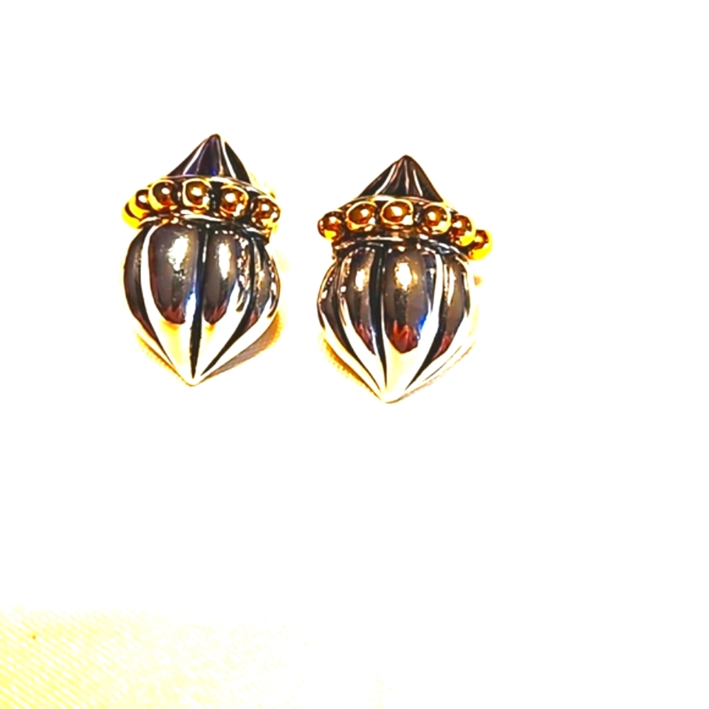 Vintage Silver and Gold Tone Black Enamel Clip On Earrings